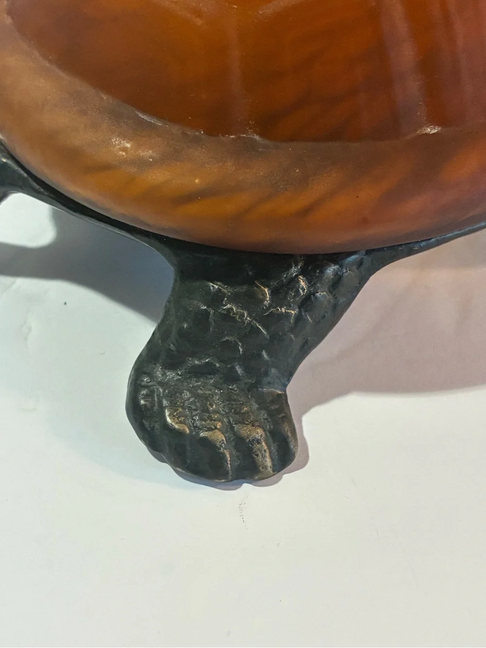 Vintage Amber Glass Turtle Lamp Bronze Tone Cast Metal 8.5